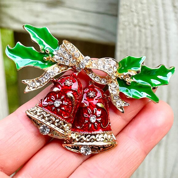 Christmas Bell Brooch Rhinestone Christmas Bell Pin Christmas Bell Pendant - Picture 1 of 5